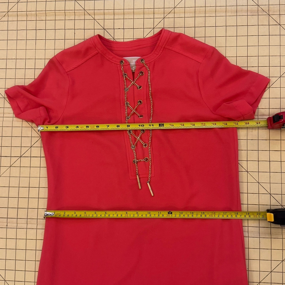 Michael Kors Women's Size:S Mini Dress Short Sleeve Gold Chain Detail Orange Red - Picture 8 of 12